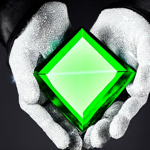 Image similar to a glowing green crystalline shard of kryptonite held in an open black - gloved hand, black background