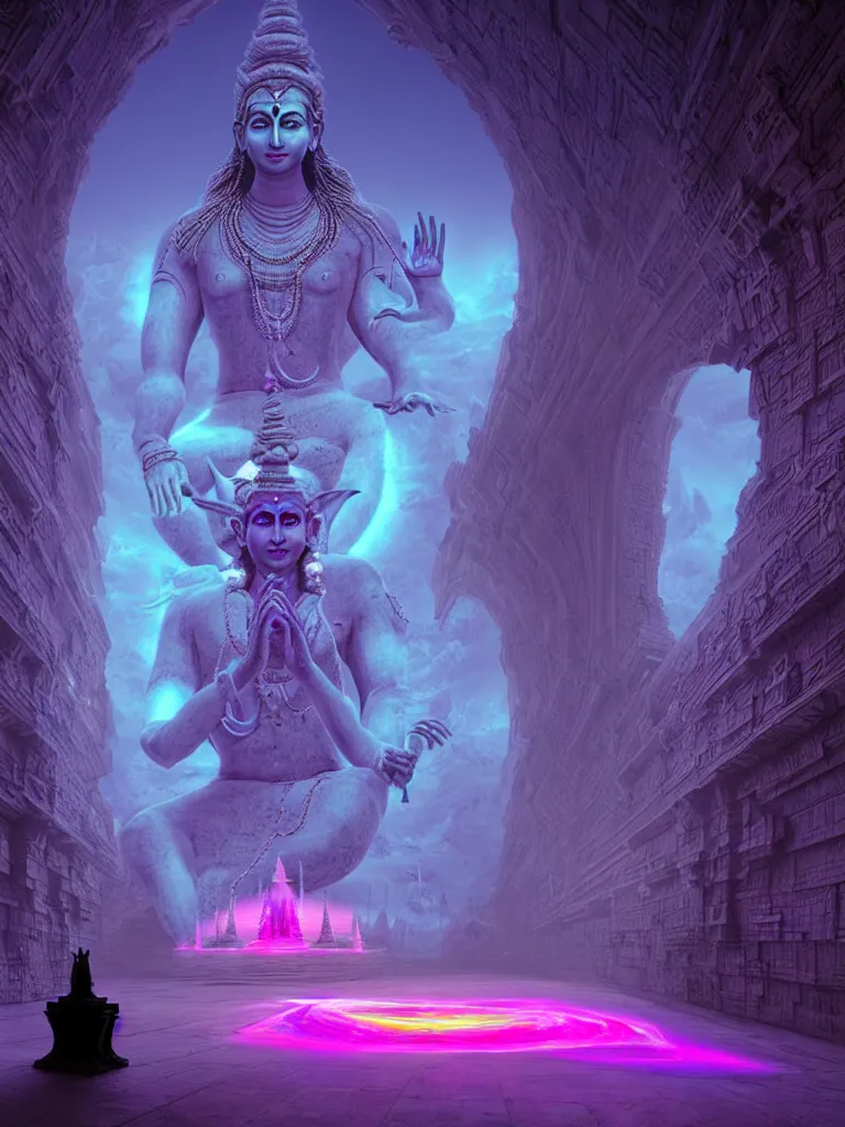 Image similar to entrance to ethereal realm, shiva waiting, rendered in unreal engine, central composition, symmetrical composition, dreamy colorful cyberpunk colors, 6 point perspective, fantasy landscape with anthropomorphic!!! terrain!!! in the styles of igor morski, jim warren, and rob gonsalves, intricate, hyperrealistic, volumetric lighting, neon ambiance, distinct horizon