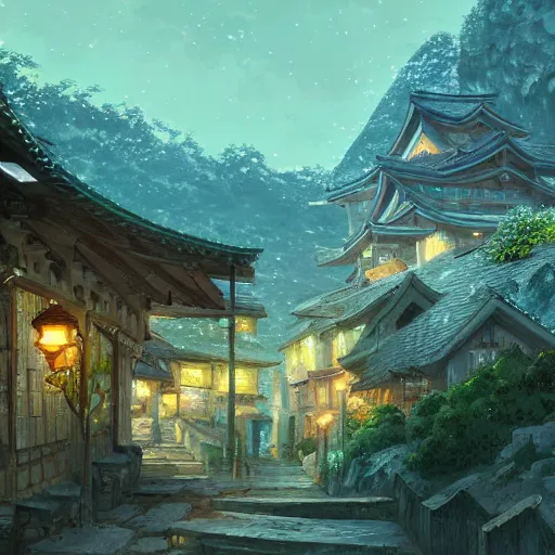 Image similar to concept art painting of a cozy village at night in a mountainous forested valley, historic european and japanese architecture, realistic, detailed, cel shaded, in the style of makoto shinkai and greg rutkowski and james gurney