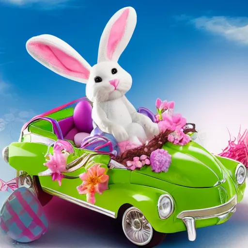 Image similar to easter bunny riding a convertible, studio photo, high quality