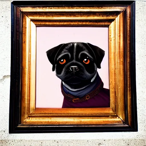 Image similar to portrait of an anthropomorphic fully black pugalier dog, renaissance style painting