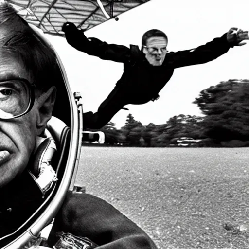 Image similar to Fish-eye lens of Stephen Hawking skydiving in his wheelchair