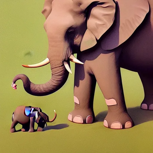 Image similar to cute elephant playing wiht a giraffe, artwork by goro fujita,