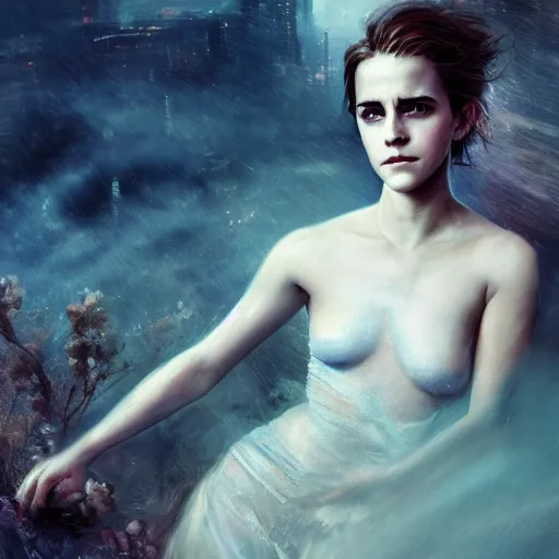 Prompt: hyperrealistic portrait of emma watson as a a nymph, sapphire butterfly jewellery, snakes emerging from mystic fog smoke, above the clouds skyscrapers. by jeremy mann, fantasy art, photo realistic, dynamic lighting, artstation, poster, volumetric lighting, 4 k, award winning