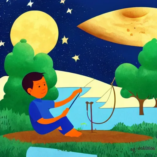 Prompt: a kid sitting on a half moon and fishing the stars