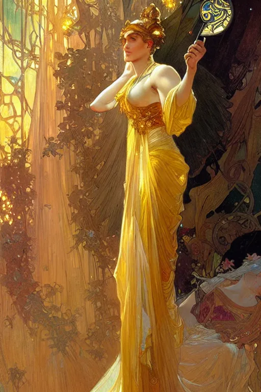 Image similar to A goddess wearing golden clothes, holding a phone, fantasy, painting by greg rutkowski and alphonse mucha