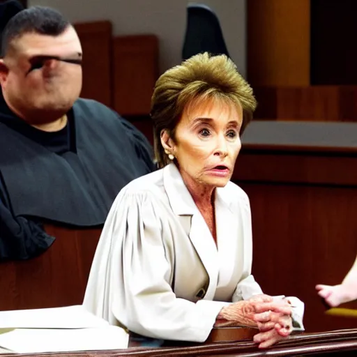 Image similar to judge judy takes huge hit from ornate bong. court room sketch