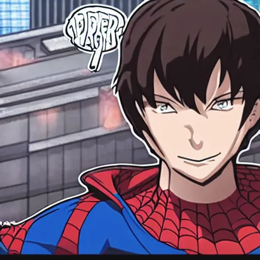 Image similar to peter parker with spider - man hoodie as a cryptocurrency trader in fate stay night anime style