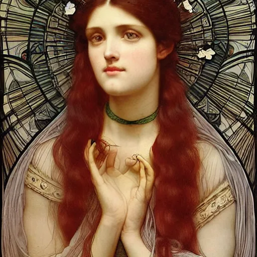 Image similar to Symmetric Pre-Raphaelite painting of a beautiful woman with dark hair and intense white eyes in a transparent silk dark red dress, surrounded by a halo frame of flowers and a highly detailed mathematical drawings of neural networks and geometry by Doré and Mucha, by John William Waterhouse, Pre-Raphaelite painting