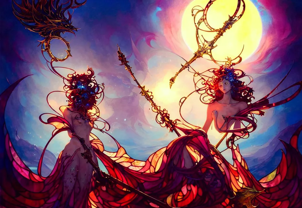 Prompt: close up picture of a extremely beautiful and cute and aesthetic girl wield the stained glass ego weapons, model pose, bright color, sun shining through, sharp focus, highly detailed face, specular reflection, art by anato finnstark and lecouffe deharme and pete mohrbacher and quentin mabille and frank moth, epic fantasy light novel cover art illustrations