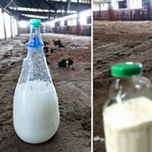 Image similar to dirty bottle of milk and a cow inside slaughterhouse