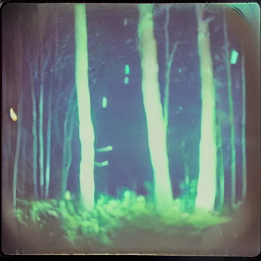 Image similar to a ufo with glowing lights flying over a forest at night, old polaroid, expired film,