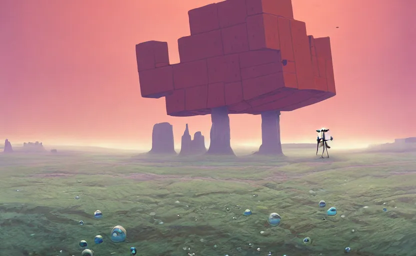 Image similar to hyperrealist painting of a giant flying cube inside a bubble from howl's moving castle ( 2 0 0 4 ) in a flooded monument valley stonehenge jungle. 1 9 7 0 s science fiction, moody, misty, depth perception, 4 k, artstation, in the style of studio ghibli