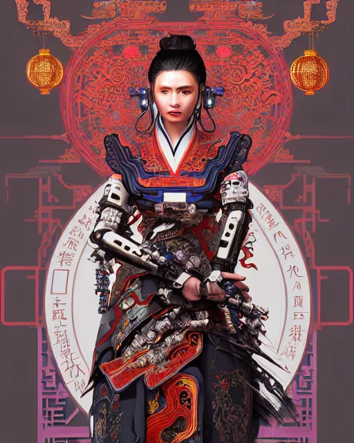 Image similar to portrait of a chinese cyberpunk machine horizon zero dawn, machine face, robed upper half portrait decorated with chinese opera motifs regal royal fierce machine robot cyberpunk fine china wuxia traditional chinese art intricate intense elegant highly detailed digital painting artstation illustration, art by artgerm and greg rutkowski alphonse mucha 8 k