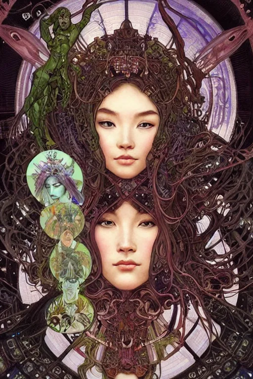 Image similar to beautiful and exotic and other-worldly alien queen portrait, sparkling eyes + front face with thick flowing hair, perfectly symmetrical facial features and muscle anatomy, ultradetailed art and illustration by jia ruan and chris bachalo and arthur suydam and alphonse mucha, fantasy, intricate complexity, scientific human structure, accurate human anatomy, fantasy character concept, watercolor, bleed, hyperrealism 8k