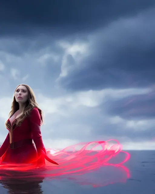 Image similar to movie still of elizabeth olsen as the scarlet witch afloat!!!!! in the air with red glowing eyes, emanating red magic!!!!! from her palms, full - body portrait, trending on artstation, 8 k quality, cgsociety contest winner, artstation hd, artstation hq, luminous lighting, beautiful cloudy atmosphere