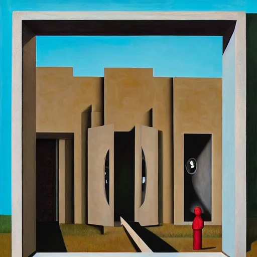 Image similar to first - person view of a stark concrete maze with people looking into portholes, ( ( ( grant wood ) ) ), pj crook, ( ( ( ( ( ( edward hopper ) ) ) ) ) ), oil on canvas