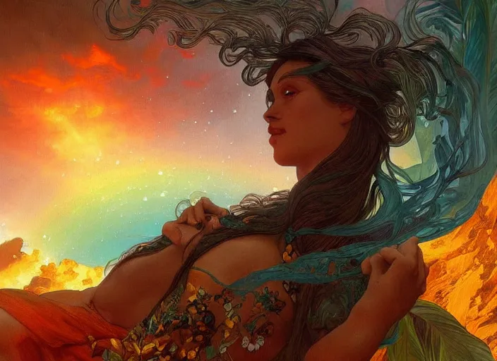 Prompt: rainbow from an erupting volcano at night, fantasy, intricate, elegant, highly detailed, digital painting, artstation, concept art, smooth, sharp focus, illustration, art by artgerm and H R Giger and alphonse mucha,