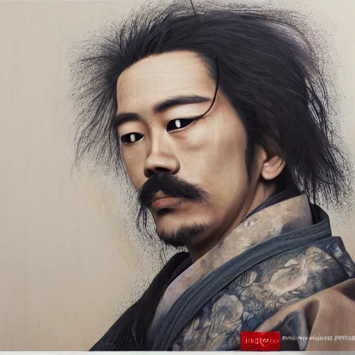 Image similar to a highly detailed radiosity 3d render of a man's face with long hair in kimono, an airbrush painting by David Alfaro Siqueiros, featured on pixiv, metaphysical painting, airbrush art, grotesque, wiccan, unreal engine 5, unreal engine, cryengine