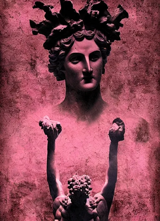 Prompt: elegant dark design poster showing a large greco roman statue of dionysus, black background with very subtle red and purple design elements, bold, powerful, soft gradients, nekro, vito acconci, thin straight purple lines, dark, glitch art, neo vaporwave, gritty, layout frame, square, trending on artstation