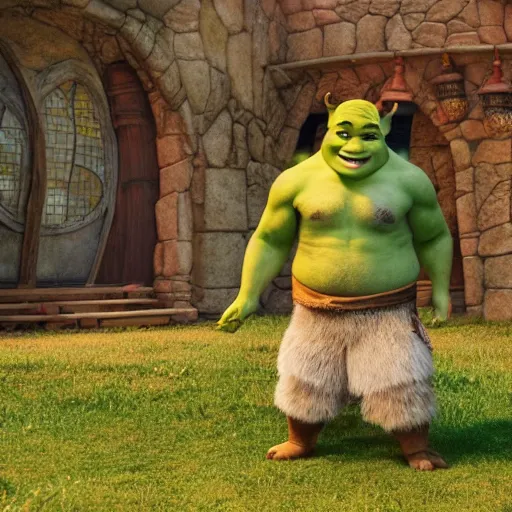 Image similar to film still from live action shrek movie, 8k photography - H 768