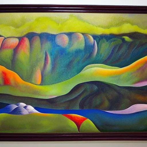 Image similar to detailed painting of a lush natural scene on an alien planet by georgia o'keeffe. beautiful landscape. weird colourful vegetation. cliffs and water.