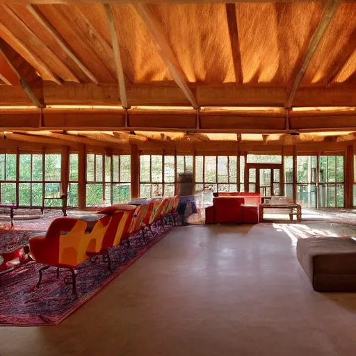 Prompt: interior of party barn by Frank Loyd Wright