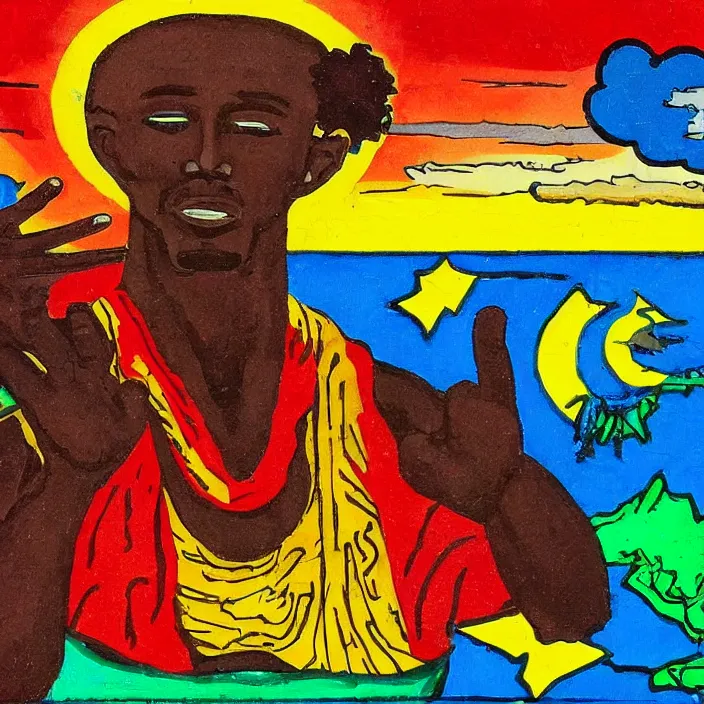 Prompt: UFO hovering over an African Jesus , colourful, in the style of Nigerian truck art,