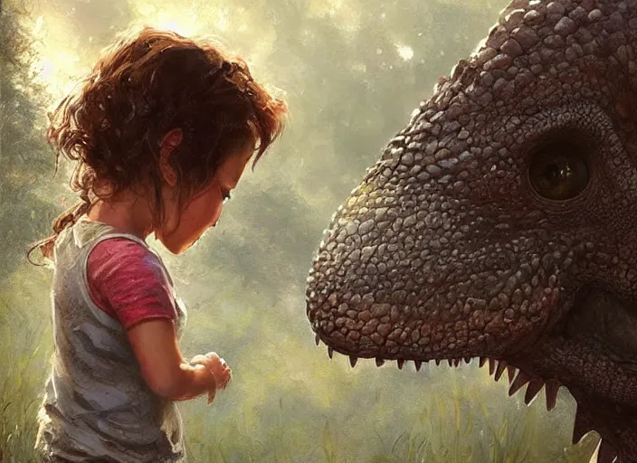 Prompt: a cute little girl with wavy curly brown hair meets a realistic accurate dinosaur. beautiful painting by greg rutkowski