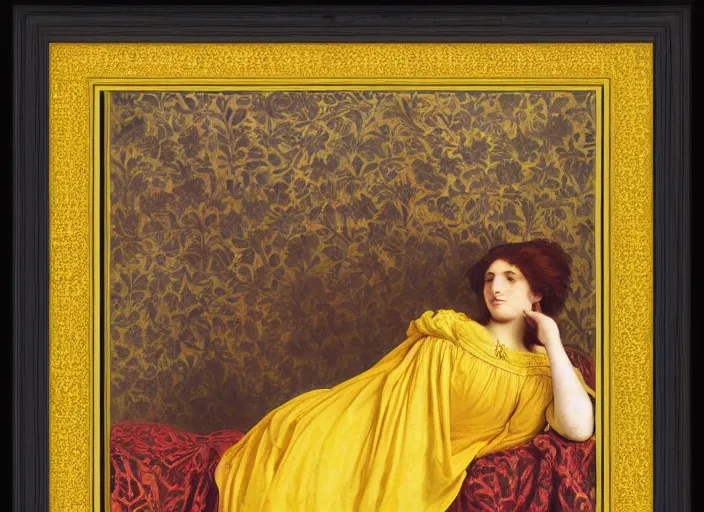 Prompt: portrait of raven reclining on bed wearing yellow ochre ornate medieval dress, foreshortening, framed, preraphaelite colour photography by frederic leighton, william morris, 8 k