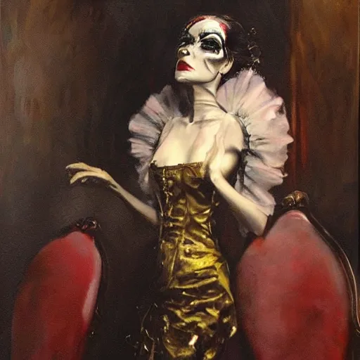 Prompt: by Michael Hussar , women in dress listening patiphon