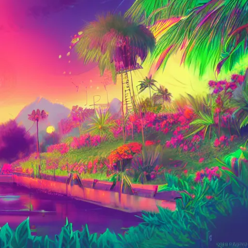 Prompt: a place full of flowers, epic retrowave art, trending on art station