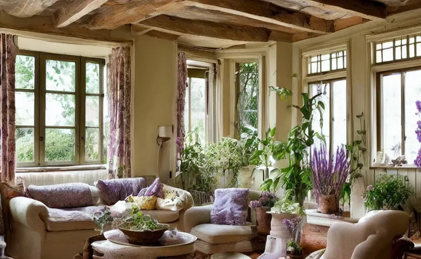 Image similar to Art Nouveau living room interior, cottage style, rustic wooden beams, couch, lavender plants, beige, light yellow, large windows, view of green trees, warm