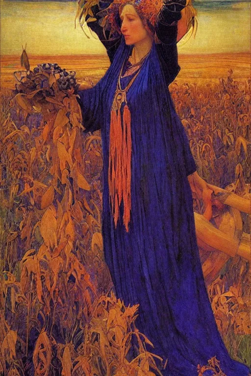 Image similar to queen of the harvest with her bounty by Annie Swynnerton and Nicholas Roerich and jean delville, strong dramatic cinematic lighting , ornate headdress , flowing robes, lost civilizations, smooth, sharp focus, extremely detailed