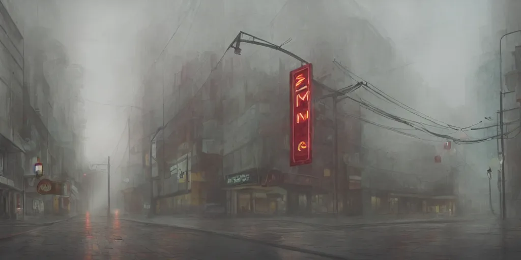 Prompt: an old cinema, foggy rainy day, matte painting, studio ghibli, artstation