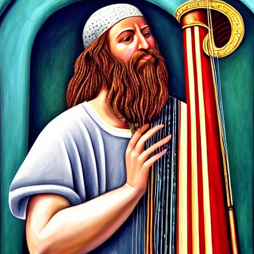 Image similar to detailed hyper - realistic painting of king david playing the harp