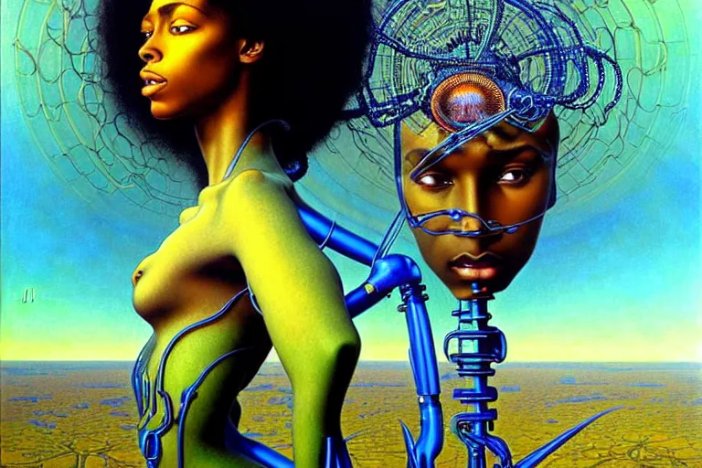 Image similar to realistic extremely detailed portrait painting of a beautiful black woman with a robot, futuristic sci-fi landscape on background by Jean Delville, Amano, Yves Tanguy, Mark Brooks, Alphonse Mucha, Ernst Haeckel, Edward Robert Hughes, Roger Dean, rich moody colours, blue eyes