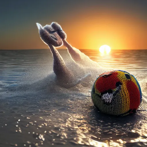 Image similar to a closeup photorealistic photograph of a cute smiling knitted tiger hippopotamus chasing a beachball at sunset. surf in the background. professional capture. this 4 k hd image is trending on artstation, featured on behance, well - rendered, extra crisp, features intricate detail, epic composition and the style of unreal engine.