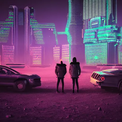 Image similar to photo of sci-fi citizens and vehicles, holographic trees, on the Moon, long shadows, in a Russian cyberpunk city called Neo Norilsk, pitch black sky with stunning bright stars, bright sun, high contrast, diverse outfits, lively, freaky, black sky full of stars, LEDs, holograms, blinding bright sun, sci-fi, cyberpunk outfits, photorealistic, grainy, 35mm, intricate, very very beautiful, elegant, smooth, cinematic, Unreal Engine 5, by Beeple