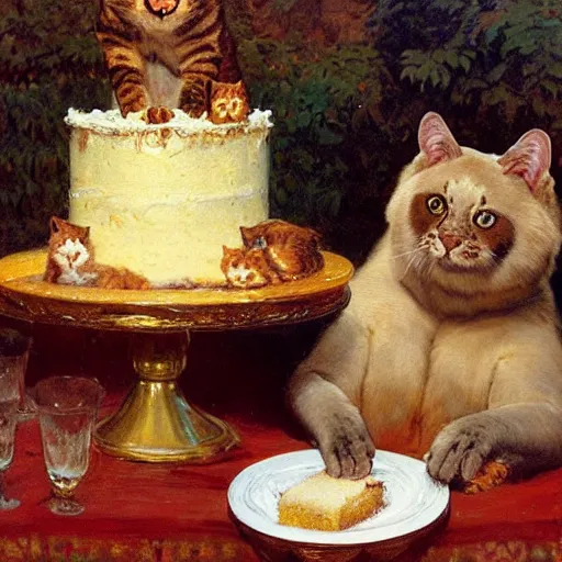 Image similar to a half cat half bear hybrid eating cake at his 7 0's birthday at a zoo, highly detailed painting by gaston bussiere, craig mullins, j. c. leyendecker