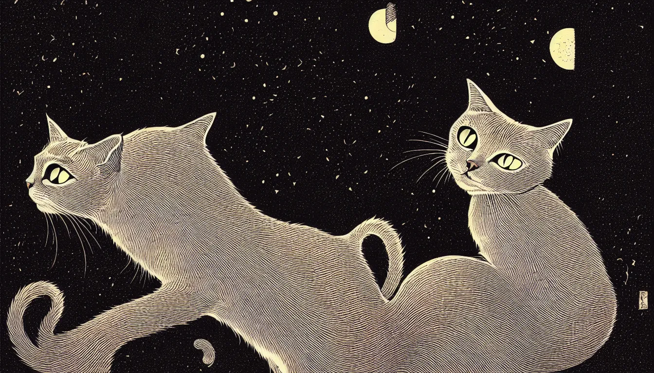 Prompt: a cat looking at the night sky by woodblock print, nicolas delort, moebius, victo ngai, josan gonzalez, kilian eng