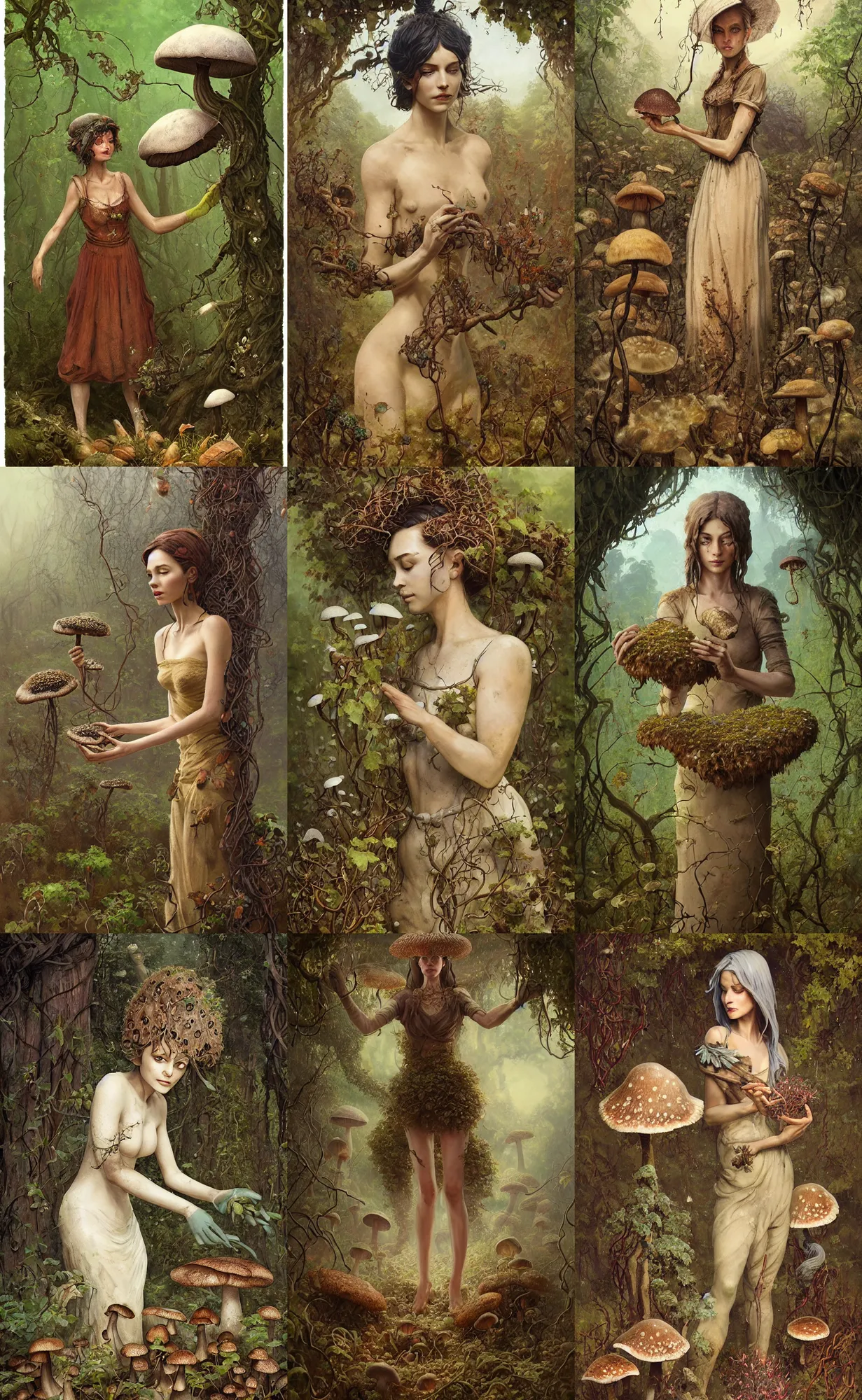 Prompt: A mixed media portrait painting of a beautiful mycologist woman tending to her mushroom grove, detailed Aesthetic! face and eyes, slavic, clothed in vines, by Beeple, Frank Frazetta, Greg Rutkowski, Christian MacNevin, epic fantasy character art, high fantasy, CGsociety, exquisite detail, post-processing, masterpiece, cinematic