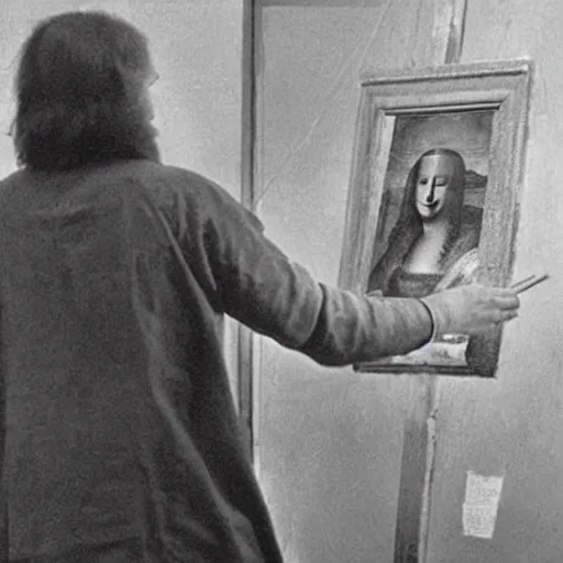 Image similar to rare old photo from behind of leonardo da vinci painting his unfinished painting of monalisa