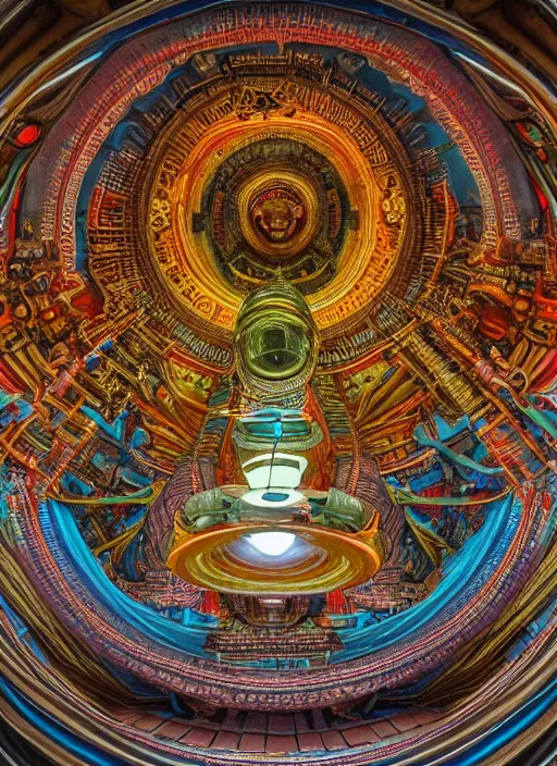 Image similar to breathtakingly beautiful ultrawide angle colour masterpiece weird dream, low angle view from inside a hindu temple, strange beautiful cybertronic temple, cables and tubes, eyes, incredible sense of depth and perspective and clarity, hyperrealism, realistic, symmetry symmetrical, 8 k