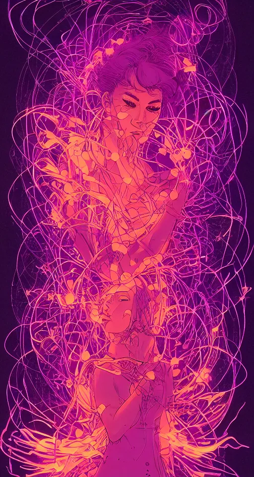 Prompt: she dreams of arcs of purple flame intertwined with glowing sparks, glinting particles of ice, dramatic lighting, steampunk, bright neon, secret holographic cyphers, red flowers, solar flares, high contrast, smooth, sharp focus, intricate art by Moebius