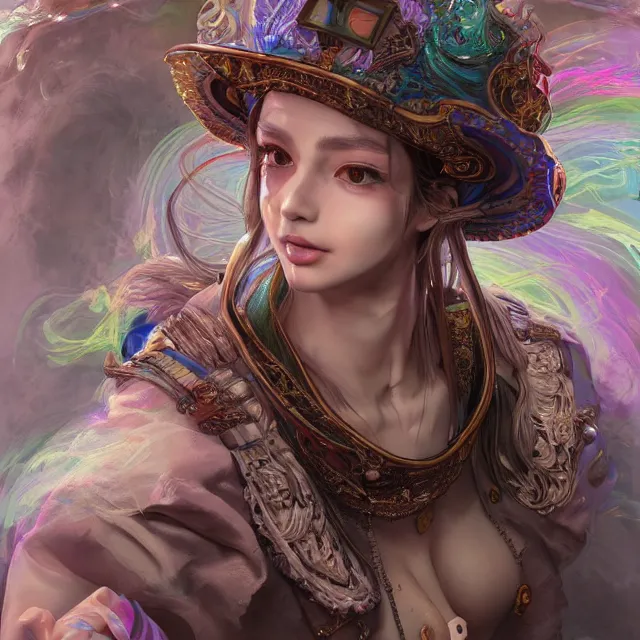 Prompt: portrait of neutral good rainbow colorful female cleric bard healer as absurdly beautiful, elegant, realistic gravure idol looking up, an ultrafine hyperdetailed illustration by kim jung gi, irakli nadar, intricate linework, detailed symmetrical faces, super sharp focus, bright colors, octopath traveler, unreal engine 5 highly rendered, global illumination, radiant light