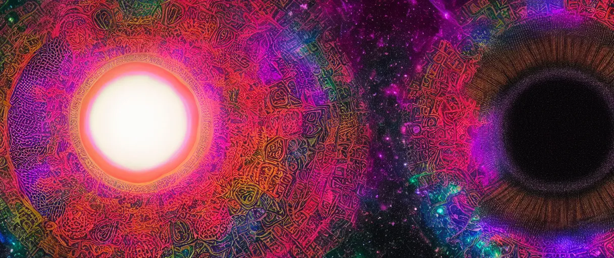 Image similar to realistic photo of a black hole in space, mandala art, volumetric, particles, physical, translucence, cinematic lighting, iridescence