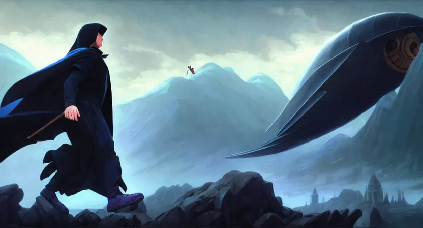 Image similar to handsome mage running away from a giant airship, black hair wearing hooded gothic blue cloak, mountain town, movie action still frame, ultra wide horizon, intricate, elegant, highly detailed, hyperrealism, digital painting, concept art, smooth, sharp, focus, illustration, art by artgerm, greg rutkowski, ilya kuvshinov, alphonse mucha