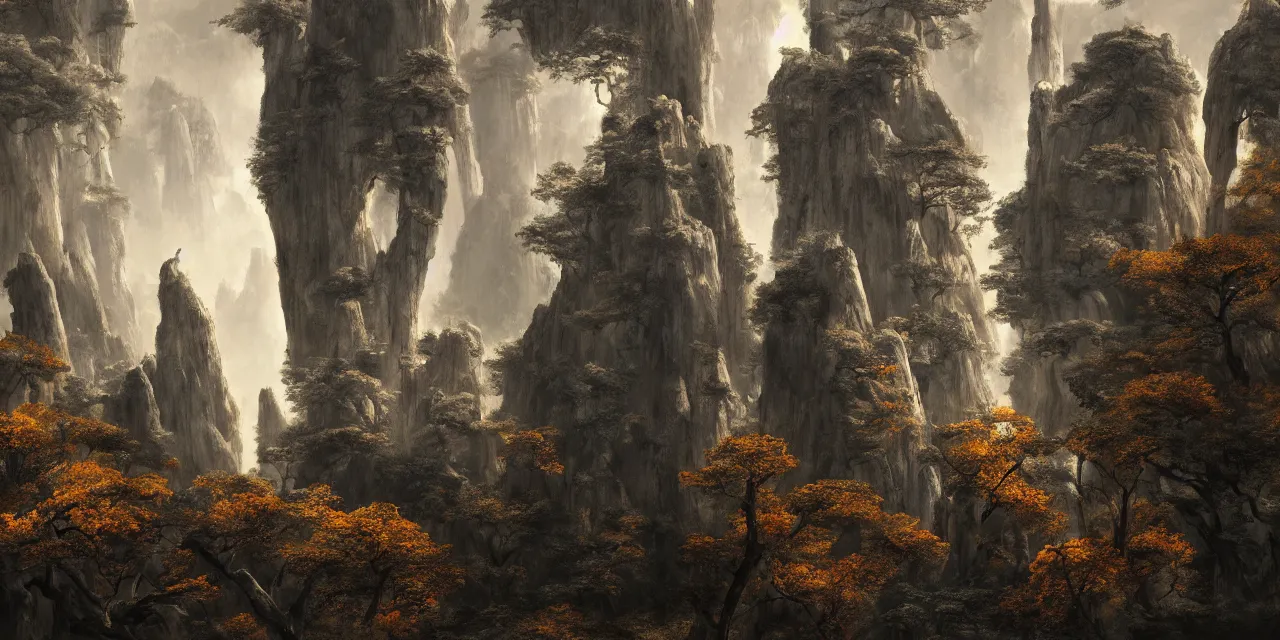 Image similar to huangshan in zero gravity, withered trees, karst pillars forest, taoism, ancestral temples, human presence. artwork by ansel adams and odd nerdrum, artstation, scifi, hd, wide angle, viewed from within a stone grotto, autumnal, sunset