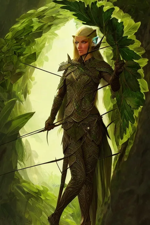 Image similar to male elven Archer armor made of green leaves, fantasy, amber eyes, face, long hair, intricate, elegant, highly detailed, digital painting, artstation, concept art, smooth, sharp focus, illustration, art by artgerm and greg rutkowski and alphonse mucha